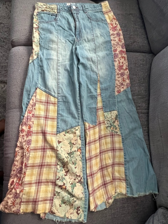Pilcro Denim - Pilcro Light Blue Patchwork Flare Jeans with Yellow Plaid & Floral Panels